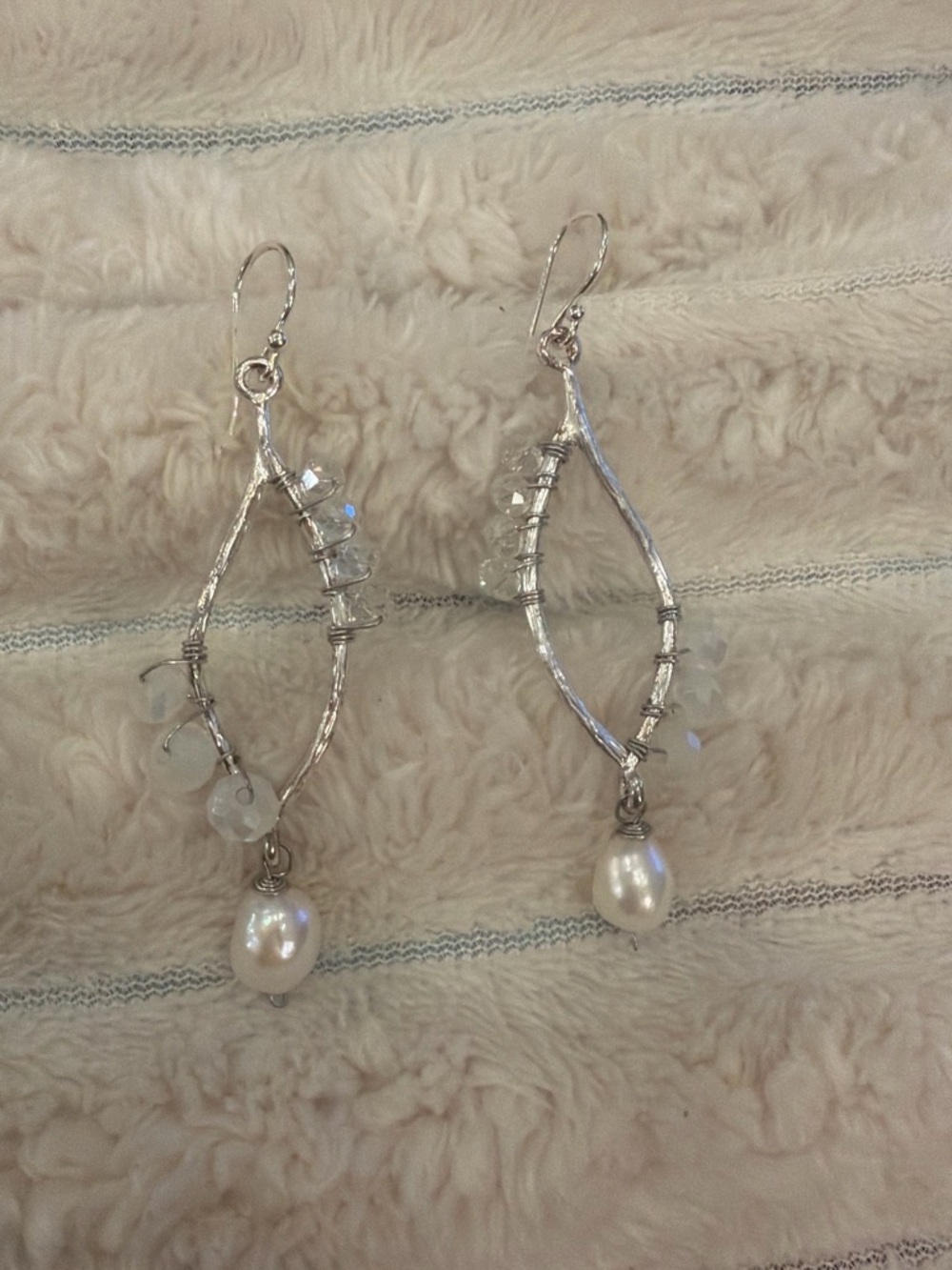 Handmade Silver Pearl Drop Earrings - White Pearl & Crystal Accent